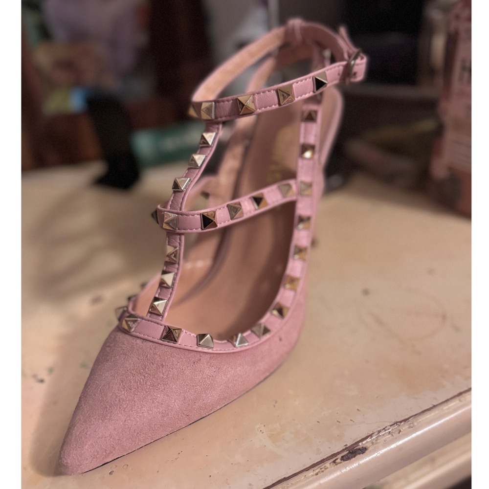 Chris-T Pink Studded Straps Pointed Toe Pumps Blush Suede Stiletto Heels